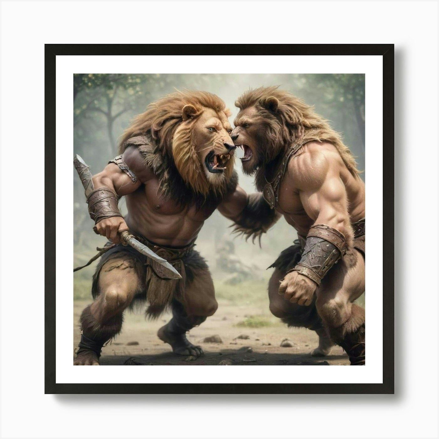 Lion Vs Bear Warriors Art Print Framed Wall Art Poster Canvas Print Picture