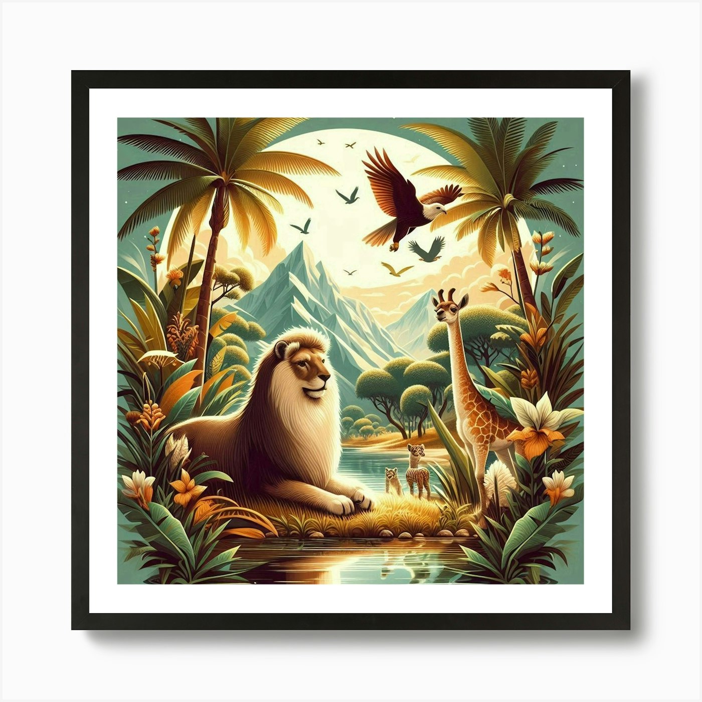 Lions In The Jungle Art Print Framed Wall Art Poster Canvas Print Picture