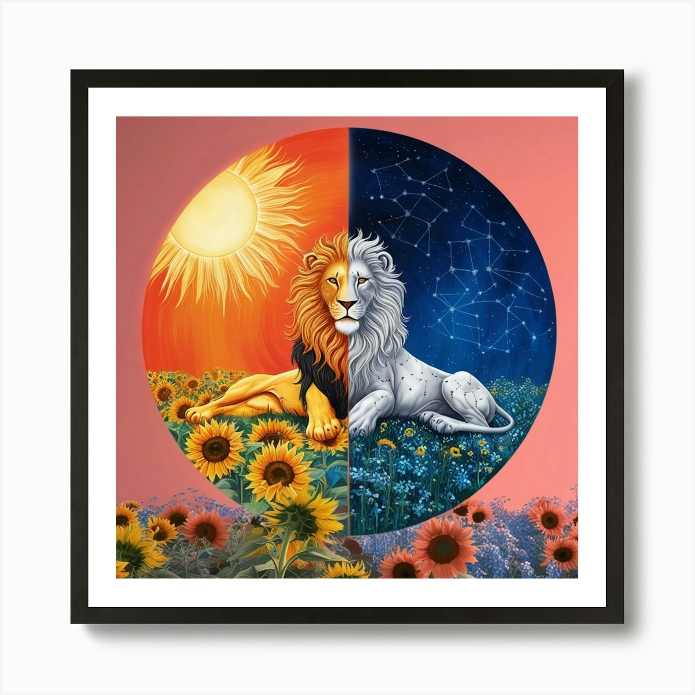 Lion And Sunflowers Art Print Framed Wall Art Poster Canvas Print Picture