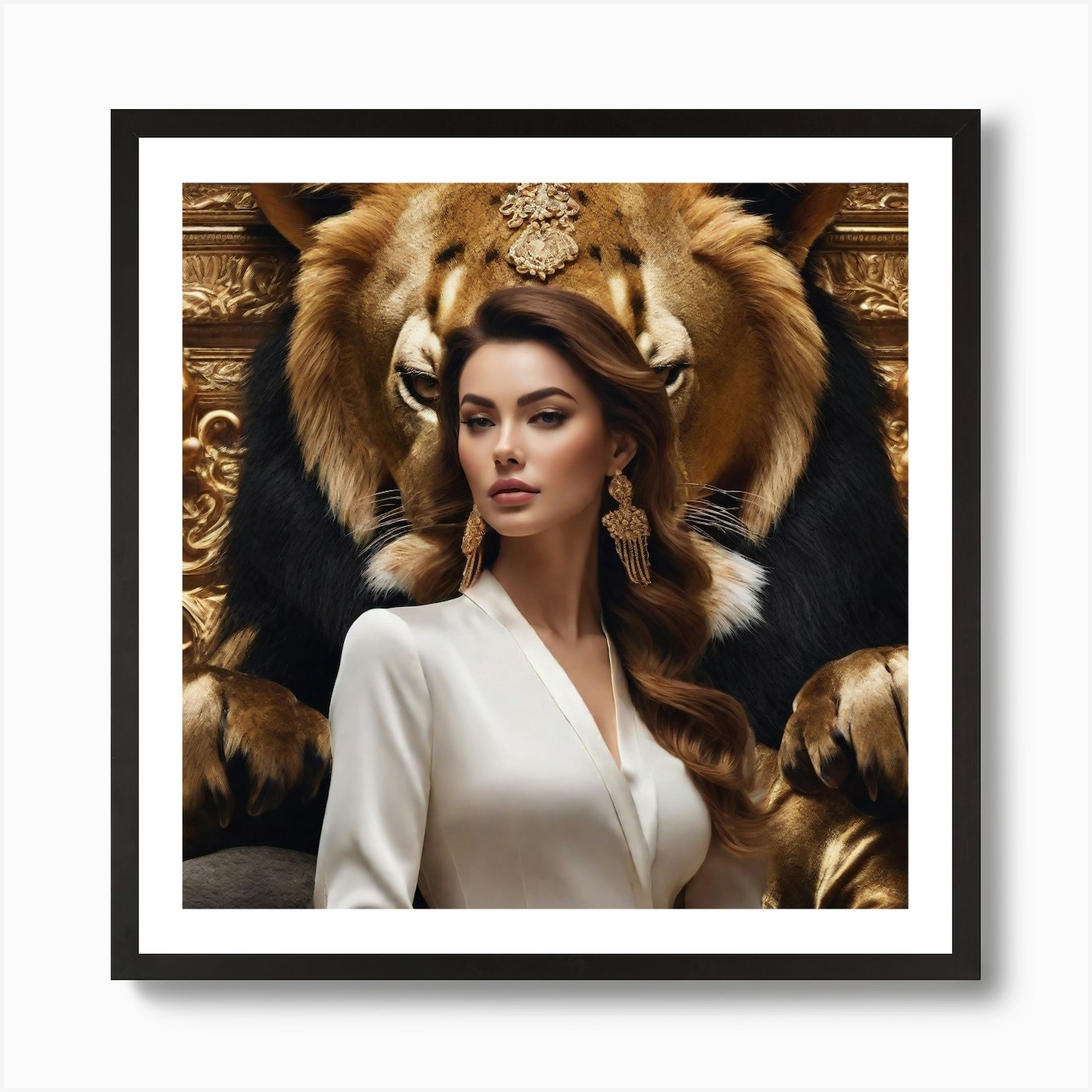 Beautiful Woman With A Lion Art Pri Framed Wall Art Poster Canvas Print Picture