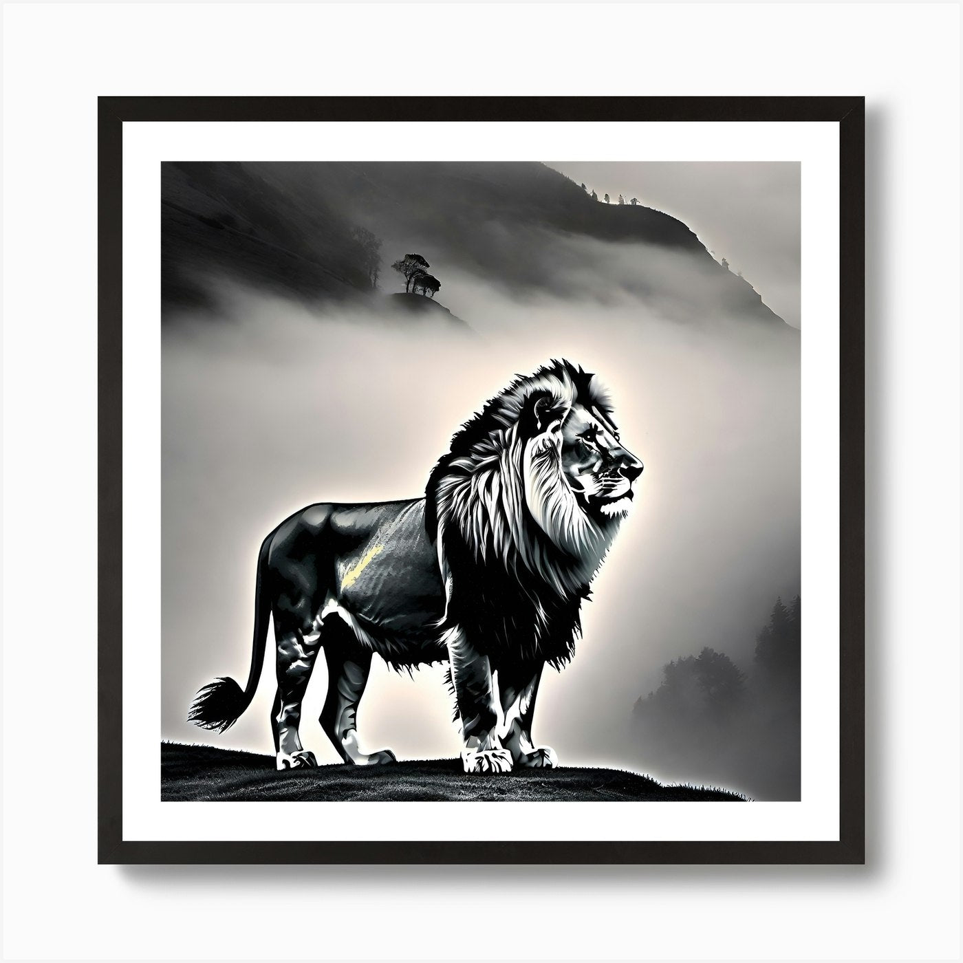 Lion In The Fog Art Print Framed Wall Art Poster Canvas Print Picture