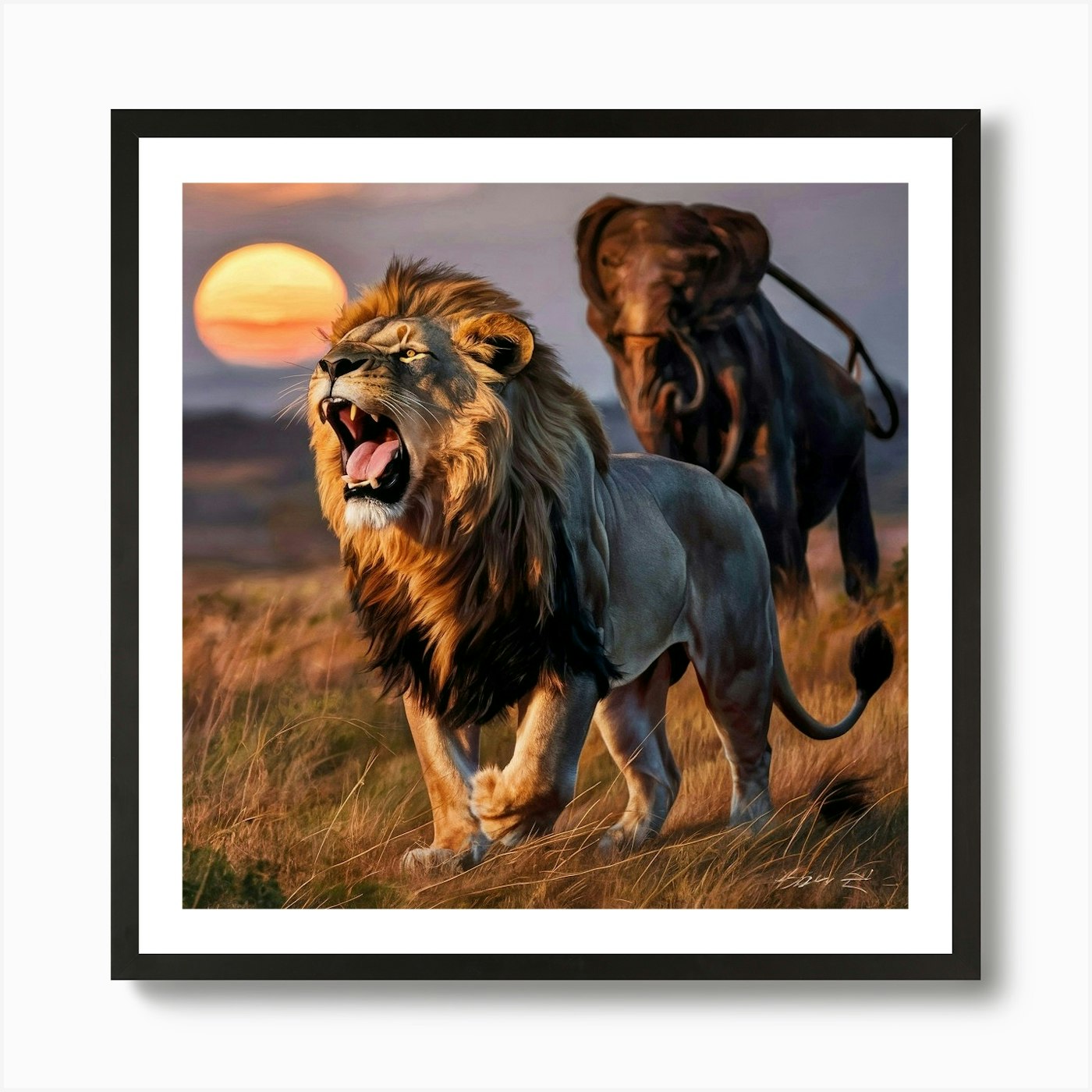 Lion And Elephant Art Print Framed Wall Art Poster Canvas Print Picture