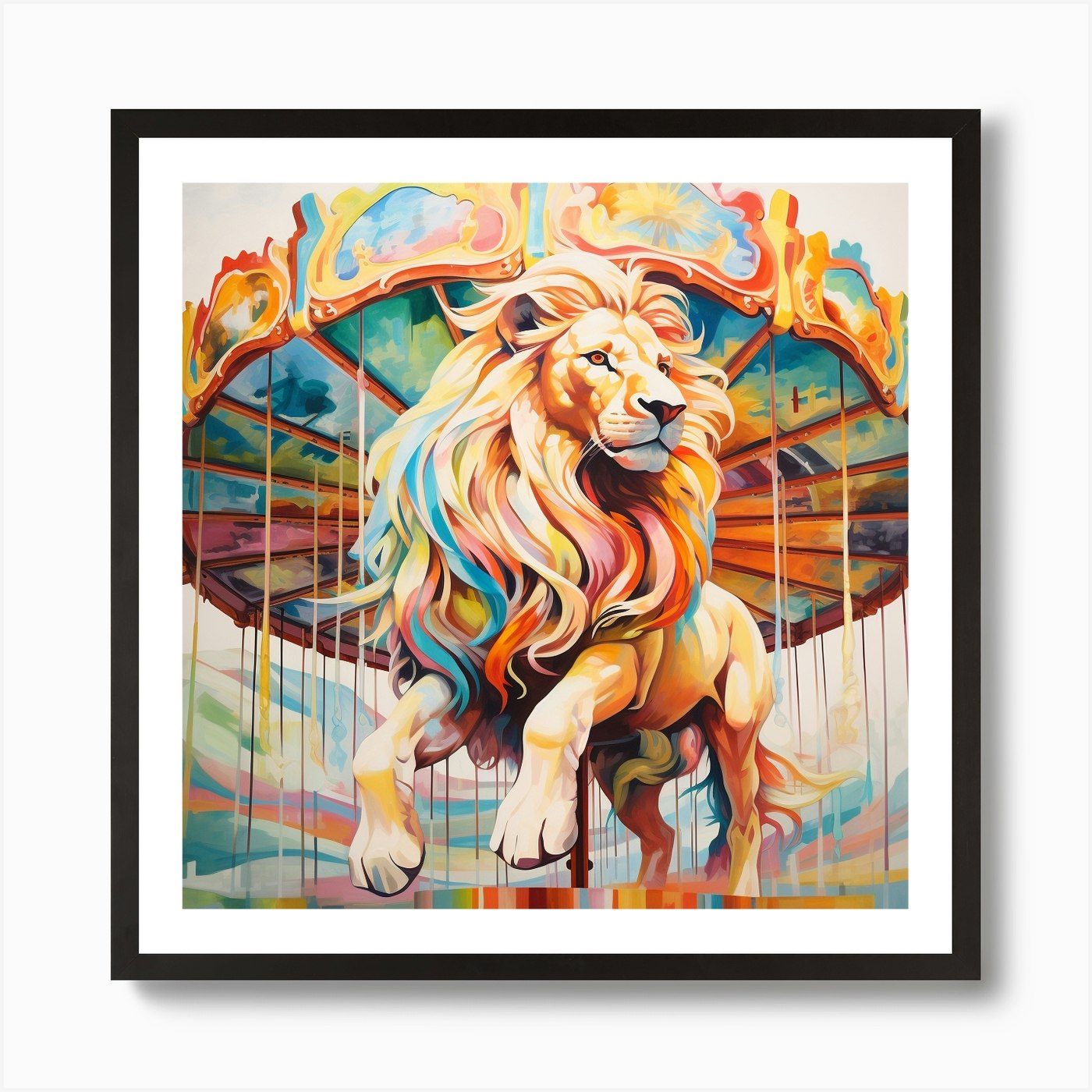 Lion On Carousel 1 Art Print Framed Wall Art Poster Canvas Print Picture