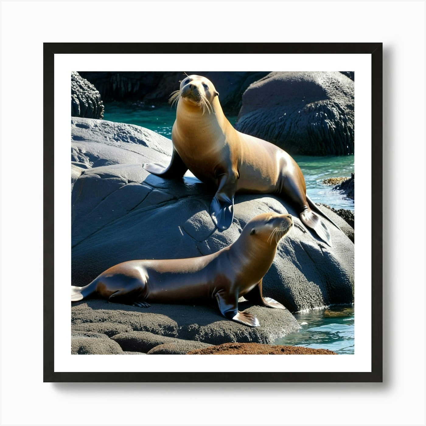 Sea Lions On Rocks Art Print Framed Wall Art Poster Canvas Print Picture