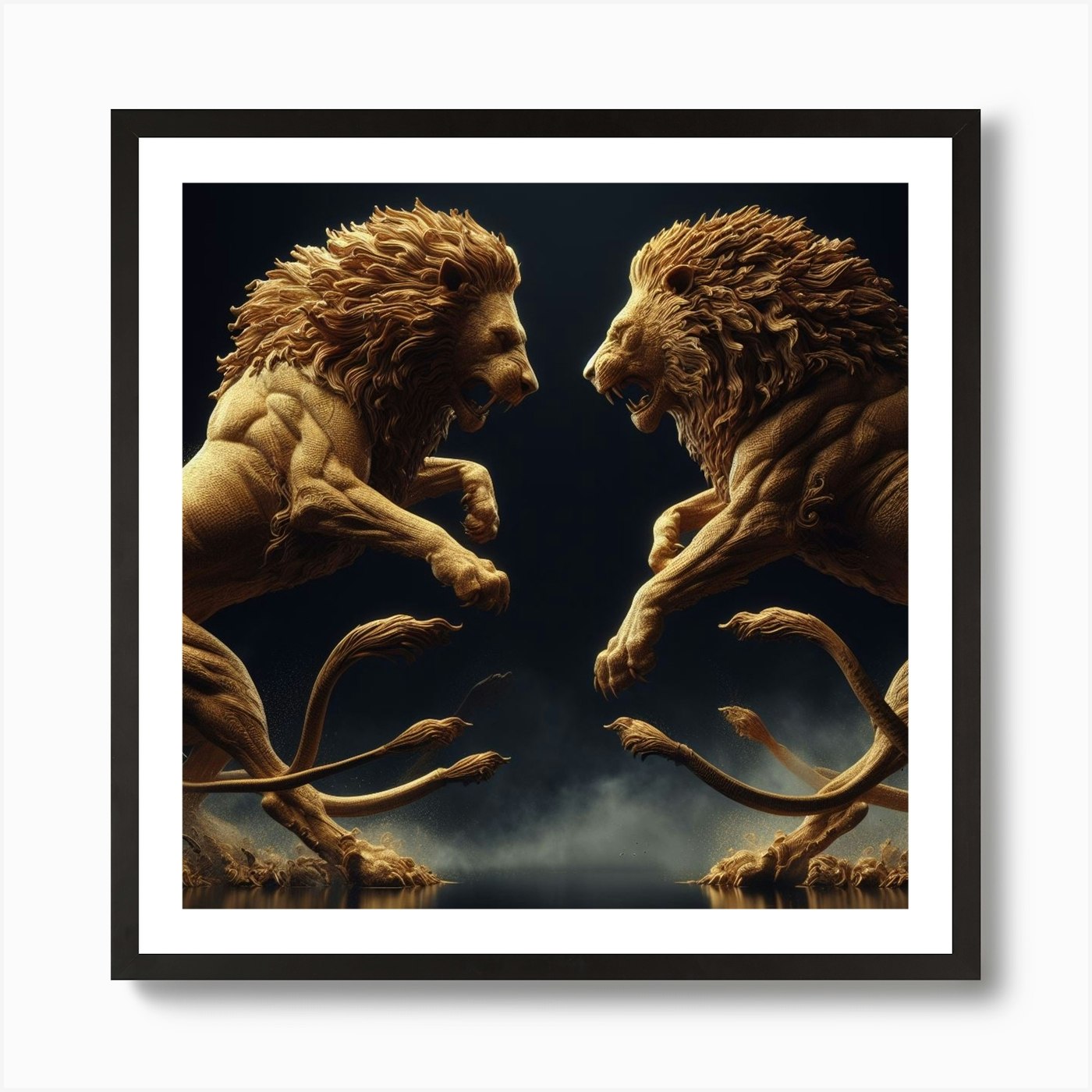 Two Lions Fighting Art Print Framed Wall Art Poster Canvas Print Picture