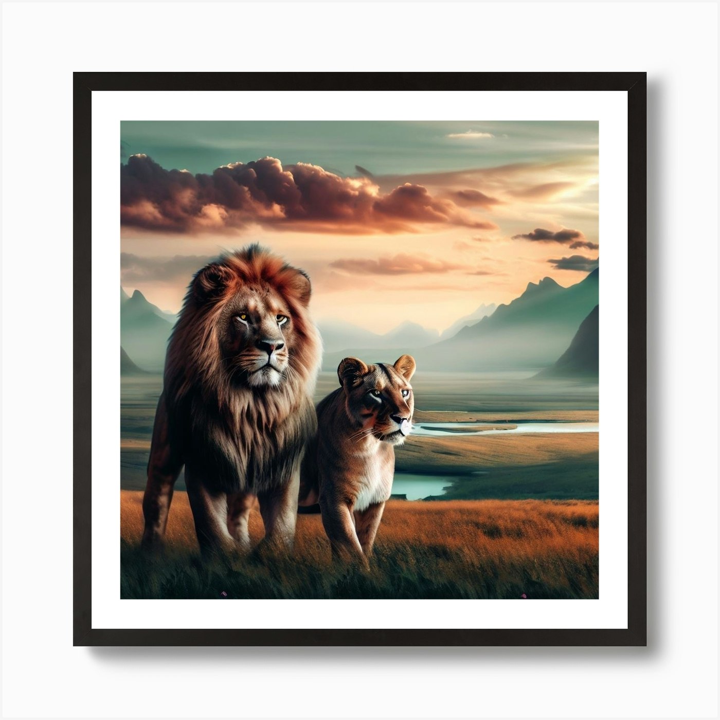 Lion And Lioness Art Print Framed Wall Art Poster Canvas Print Picture
