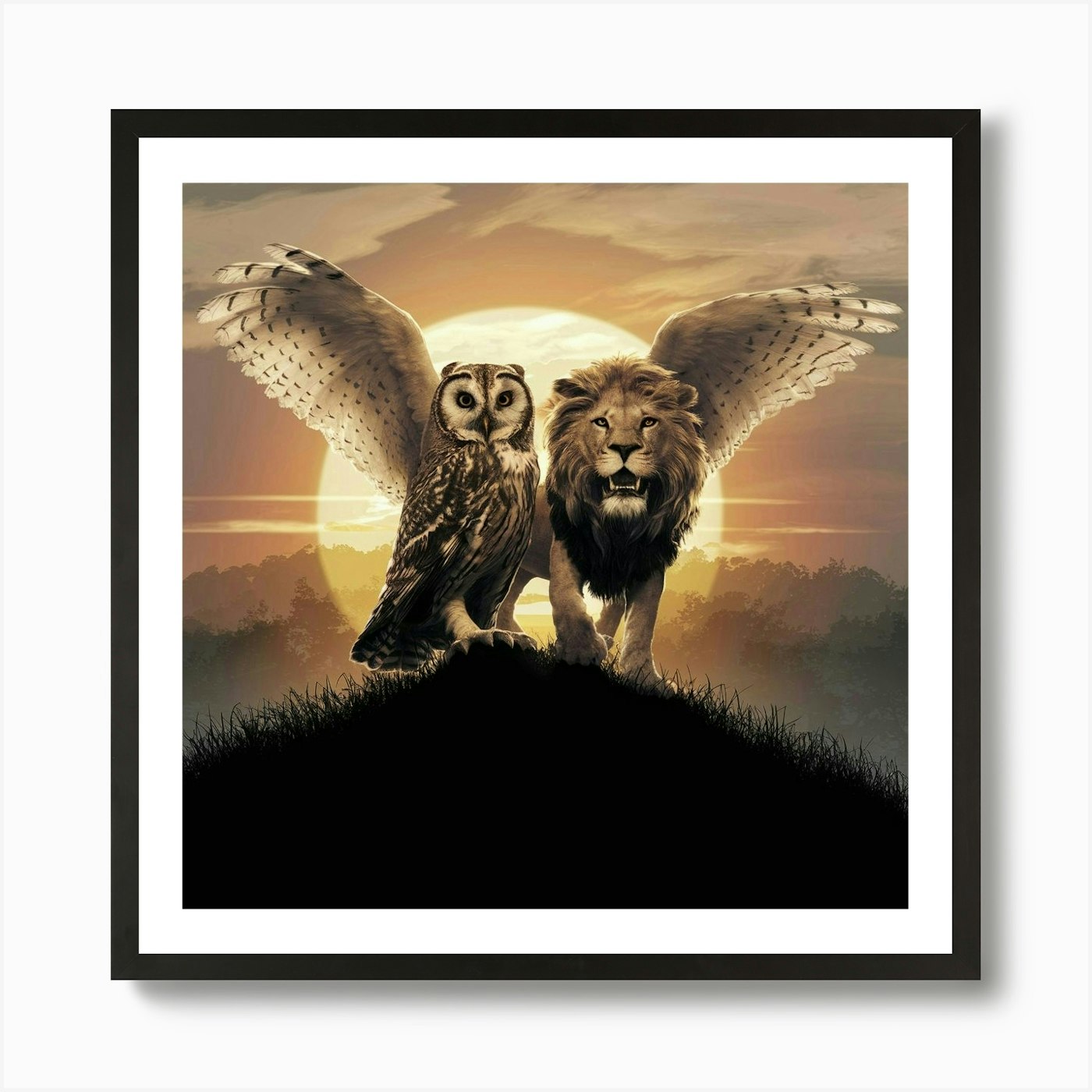 Lion And Owl Art Print Framed Wall Art Poster Canvas Print Picture
