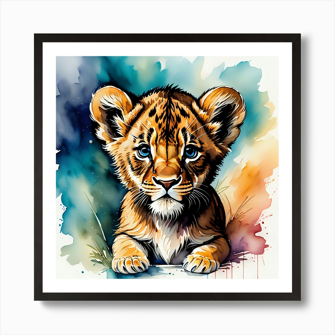 Lion Cub Watercolor Painting Art Pr Framed Wall Art Poster Canvas Print Picture