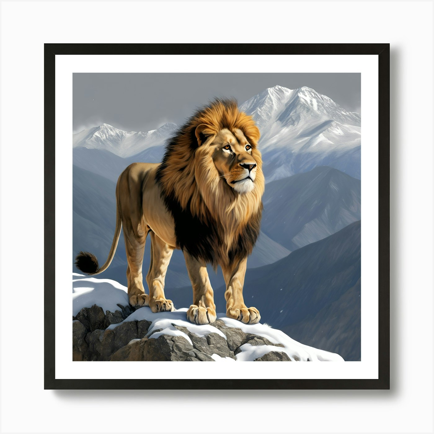 Lion In The Snow Art Print Framed Wall Art Poster Canvas Print Picture