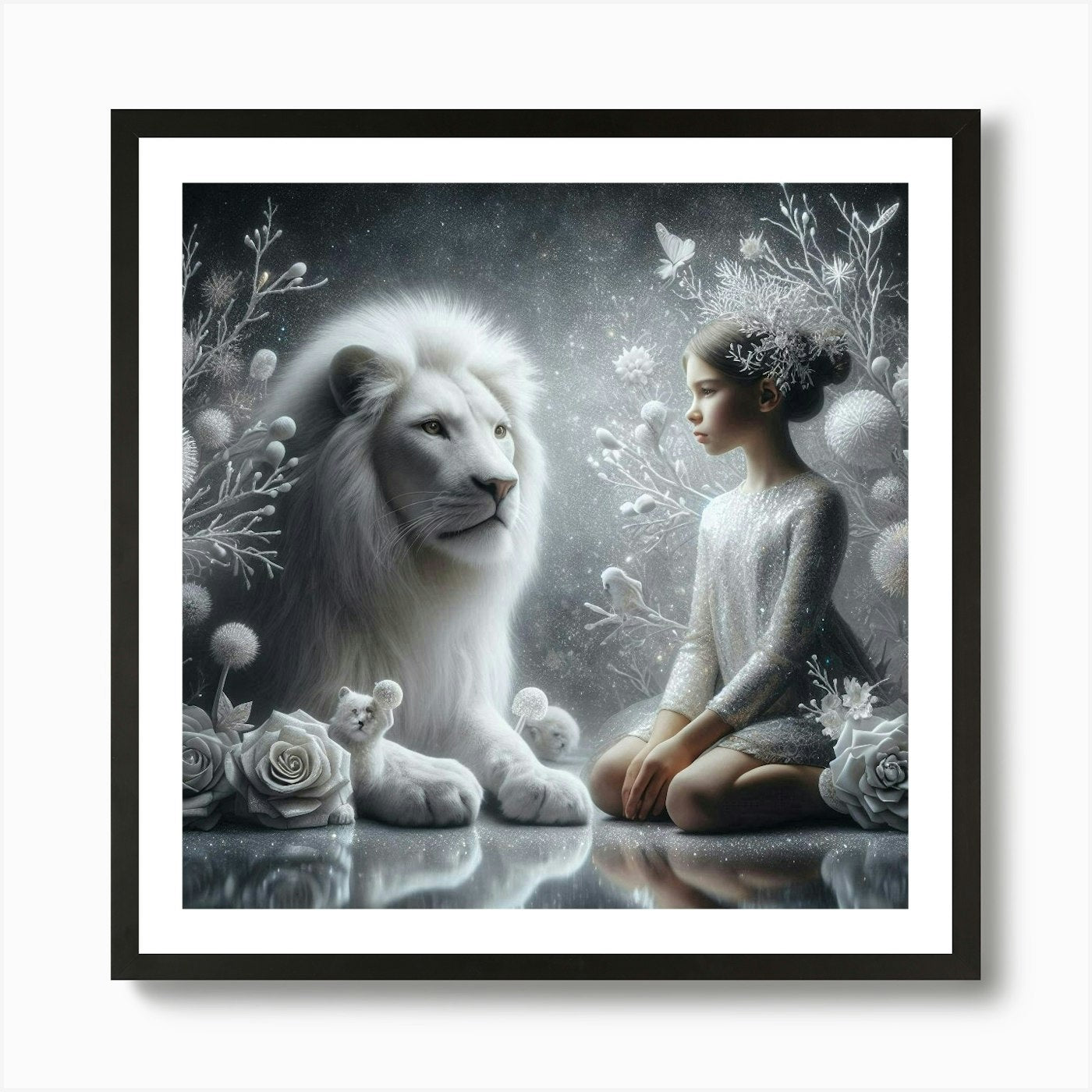 White Lion And Girl Art Print Framed Wall Art Poster Canvas Print Picture