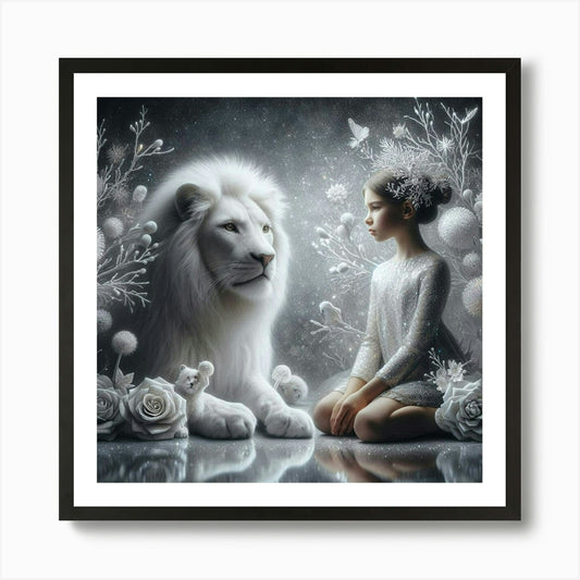 White Lion And Girl Art Print Framed Wall Art Poster Canvas Print Picture