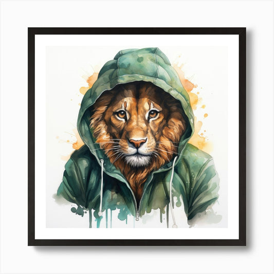 Watercolour Cartoon Lion In A Hoodi Framed Wall Art Poster Canvas Print Picture