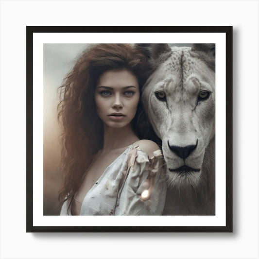 Portrait Of A Woman With A Lion Art Framed Wall Art Poster Canvas Print Picture