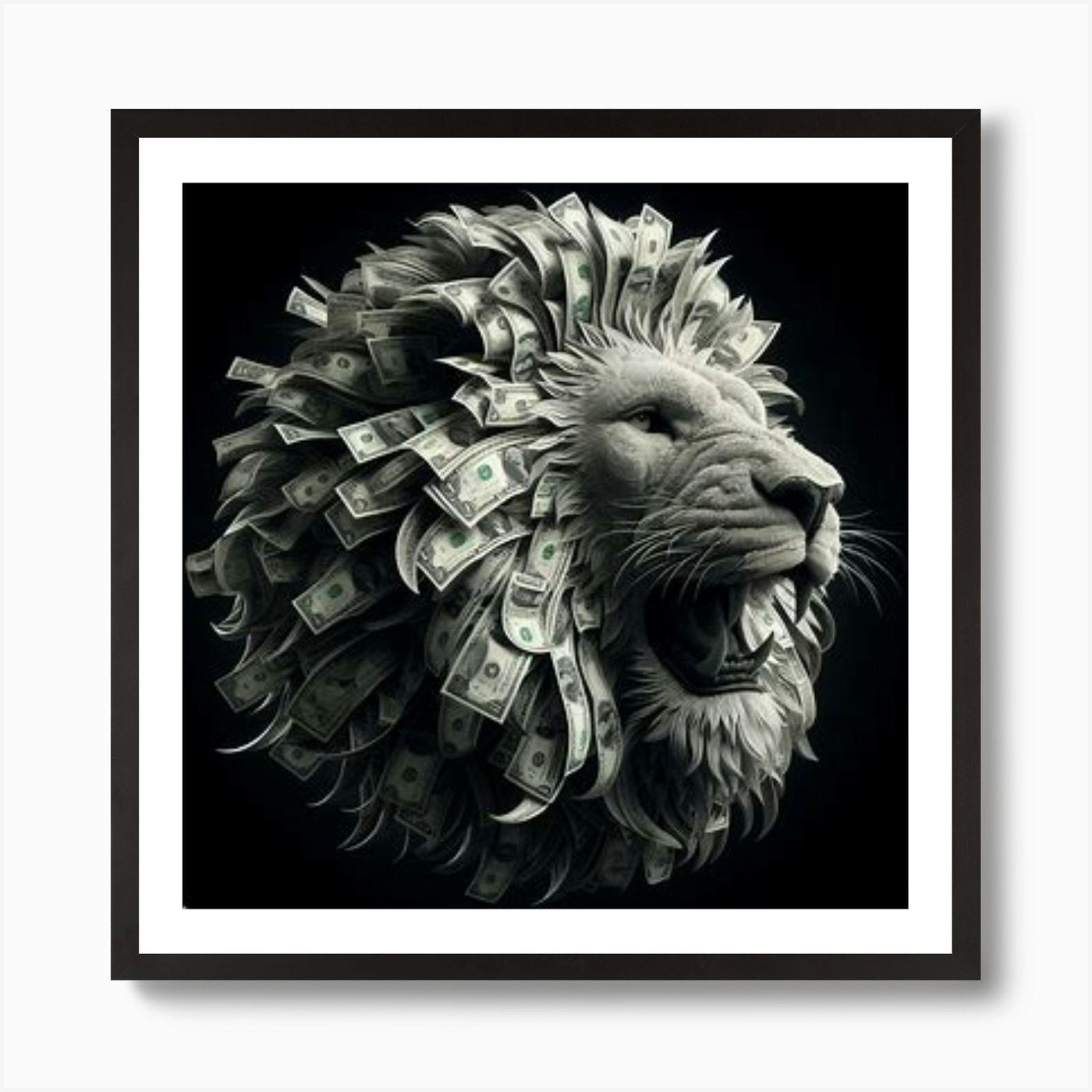 A male lion mane made of dollar, Ar Framed Wall Art Poster Canvas Print Picture