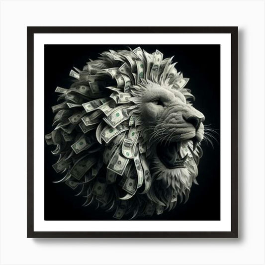 A male lion mane made of dollar, Ar Framed Wall Art Poster Canvas Print Picture