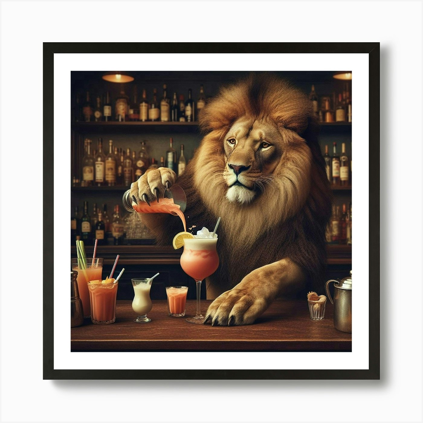 Lion At The Cocktail Bar Art Print Framed Wall Art Poster Canvas Print Picture