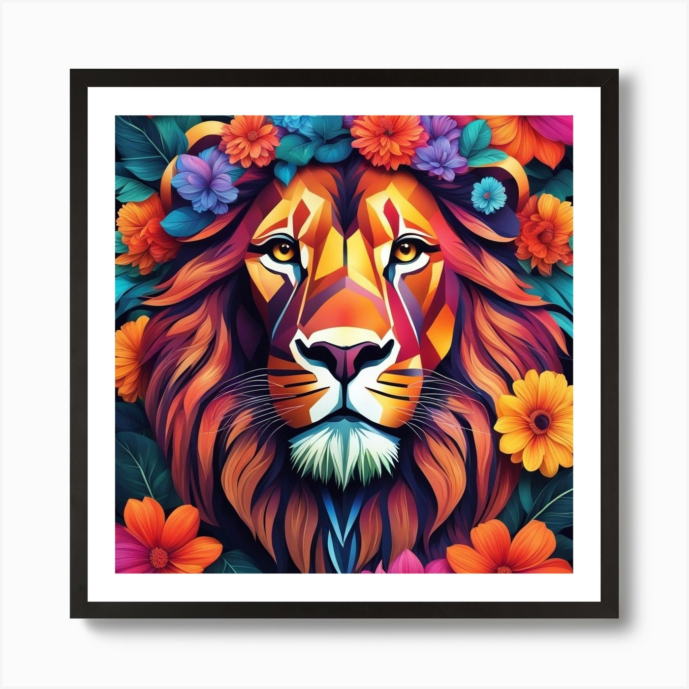 Lion With Flowers Art Print Framed Wall Art Poster Canvas Print Picture