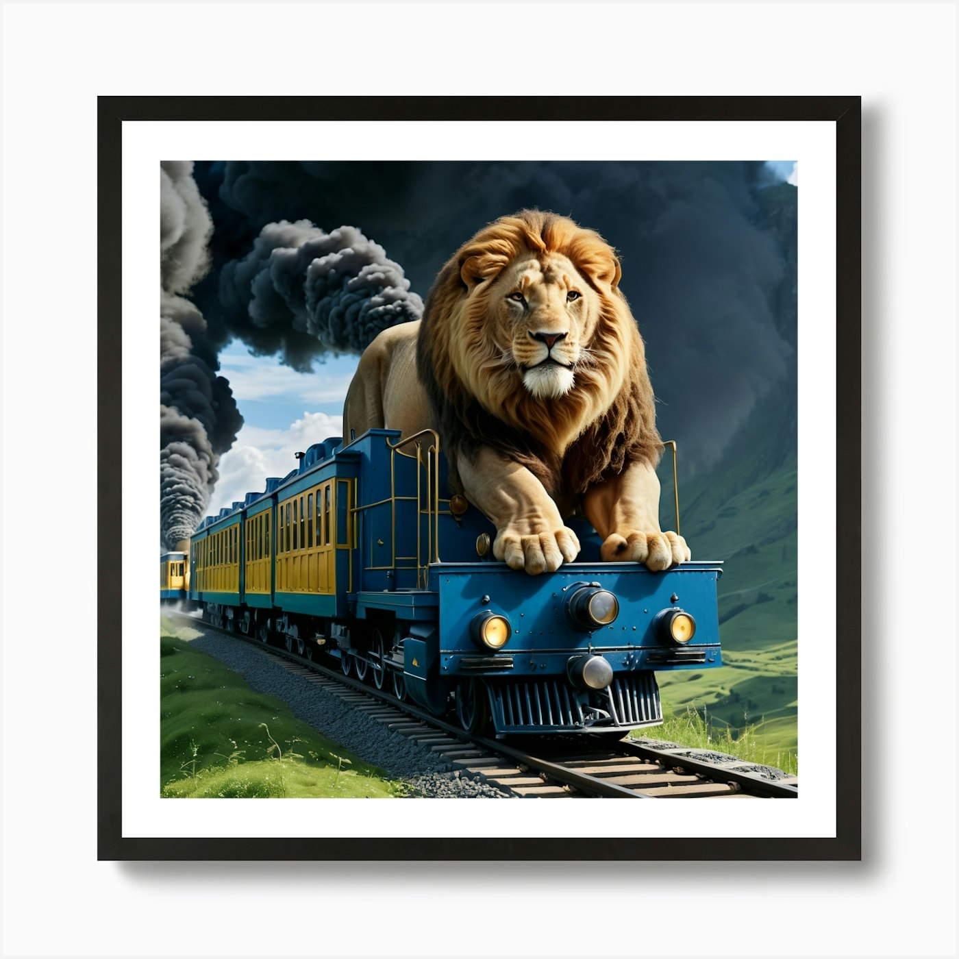 Lion On A Train Art Print Framed Wall Art Poster Canvas Print Picture