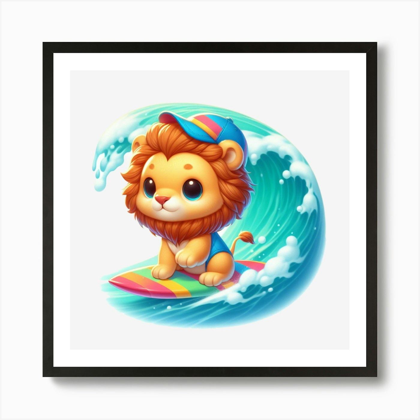 Lion On Surfboard Art Print Framed Wall Art Poster Canvas Print Picture