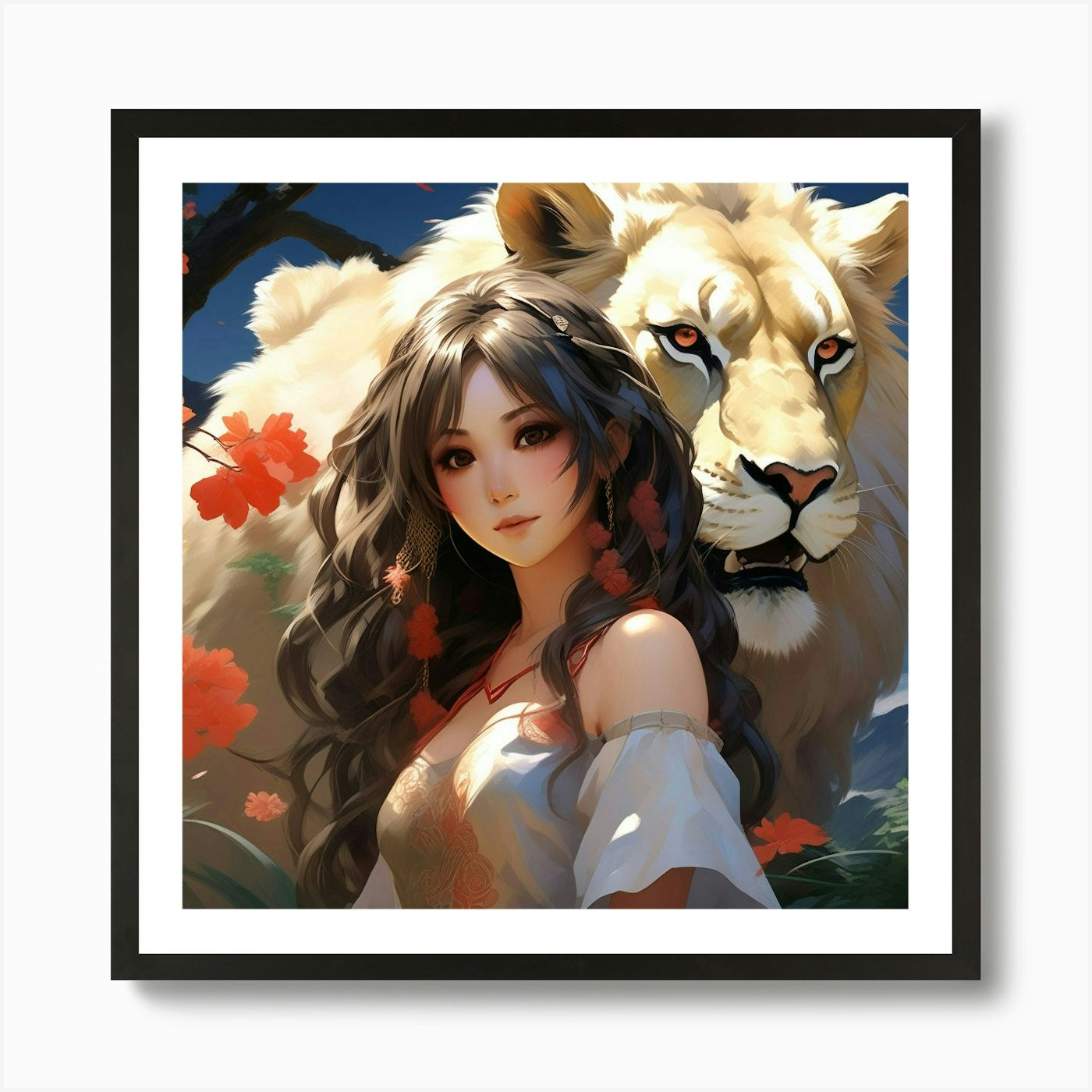 Japanese girl and Lion Art Print Framed Wall Art Poster Canvas Print Picture