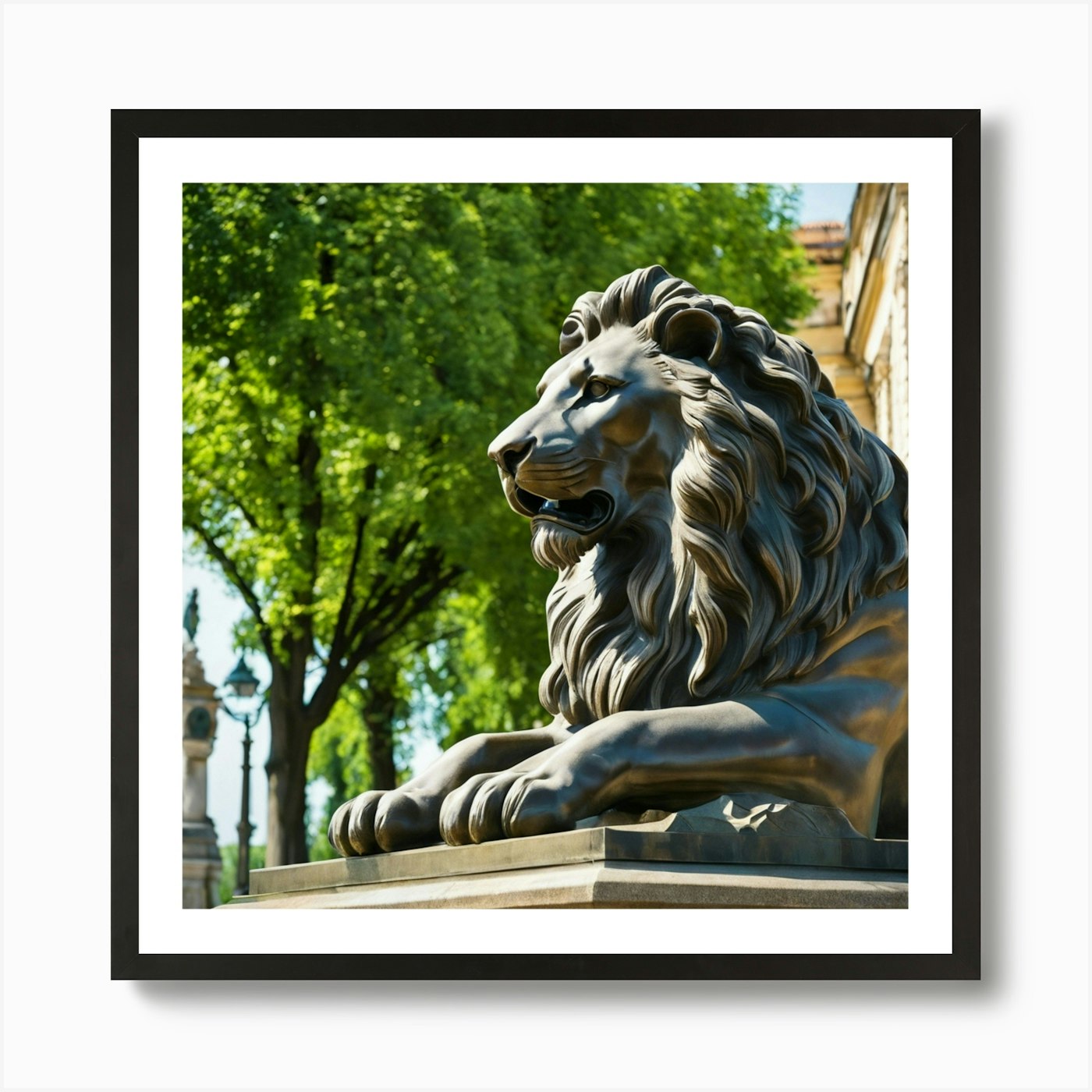 Lion Statue In Front Of A Building  Framed Wall Art Poster Canvas Print Picture