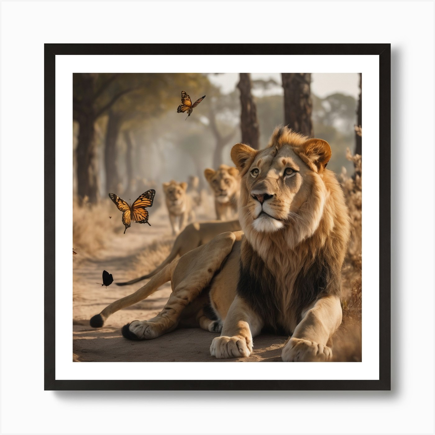Lions And Butterflies Art Print Framed Wall Art Poster Canvas Print Picture