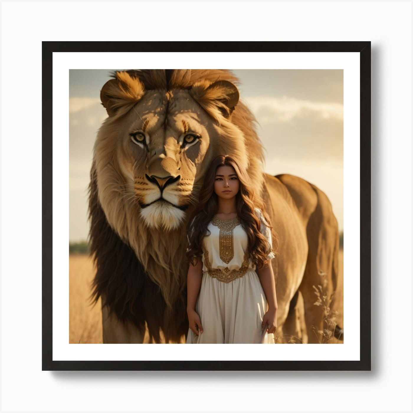 Lion And Woman Art Print Framed Wall Art Poster Canvas Print Picture