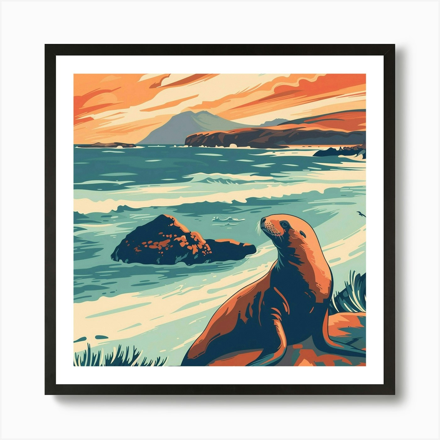 Sea Lion At Sunset Art Print Framed Wall Art Poster Canvas Print Picture