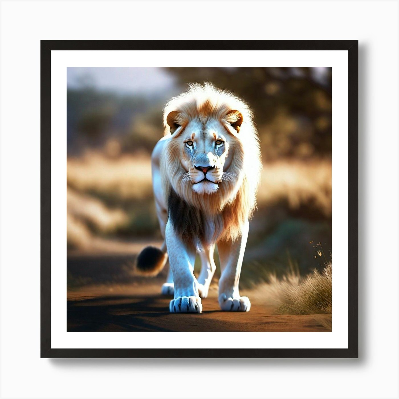 Lion Walking In The Grass Art Print Framed Wall Art Poster Canvas Print Picture