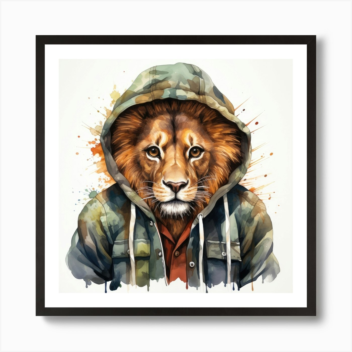 Watercolour Cartoon Lion In A Hoodi Framed Wall Art Poster Canvas Print Picture