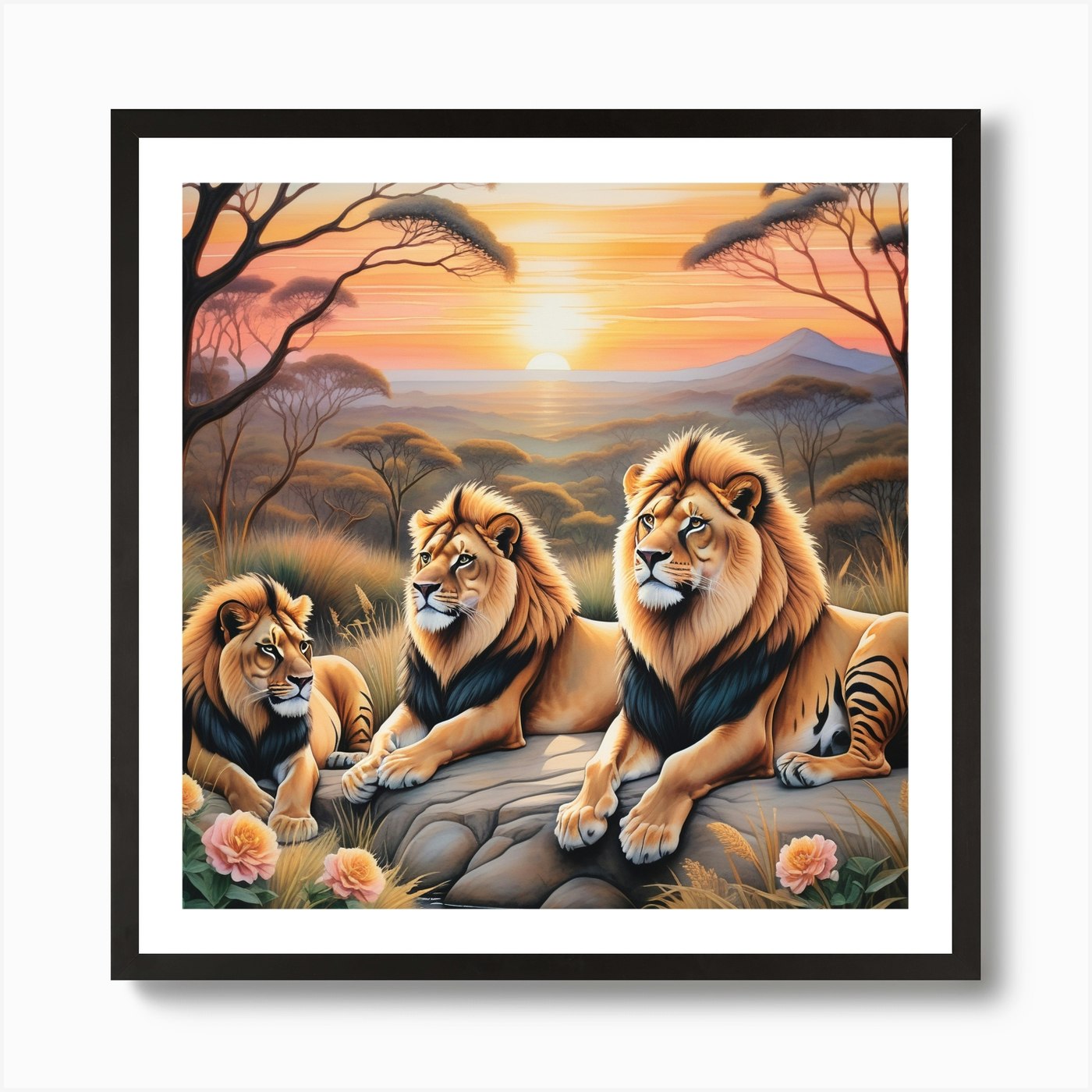 Lions Seated Dominantly In The Fore Framed Wall Art Poster Canvas Print Picture