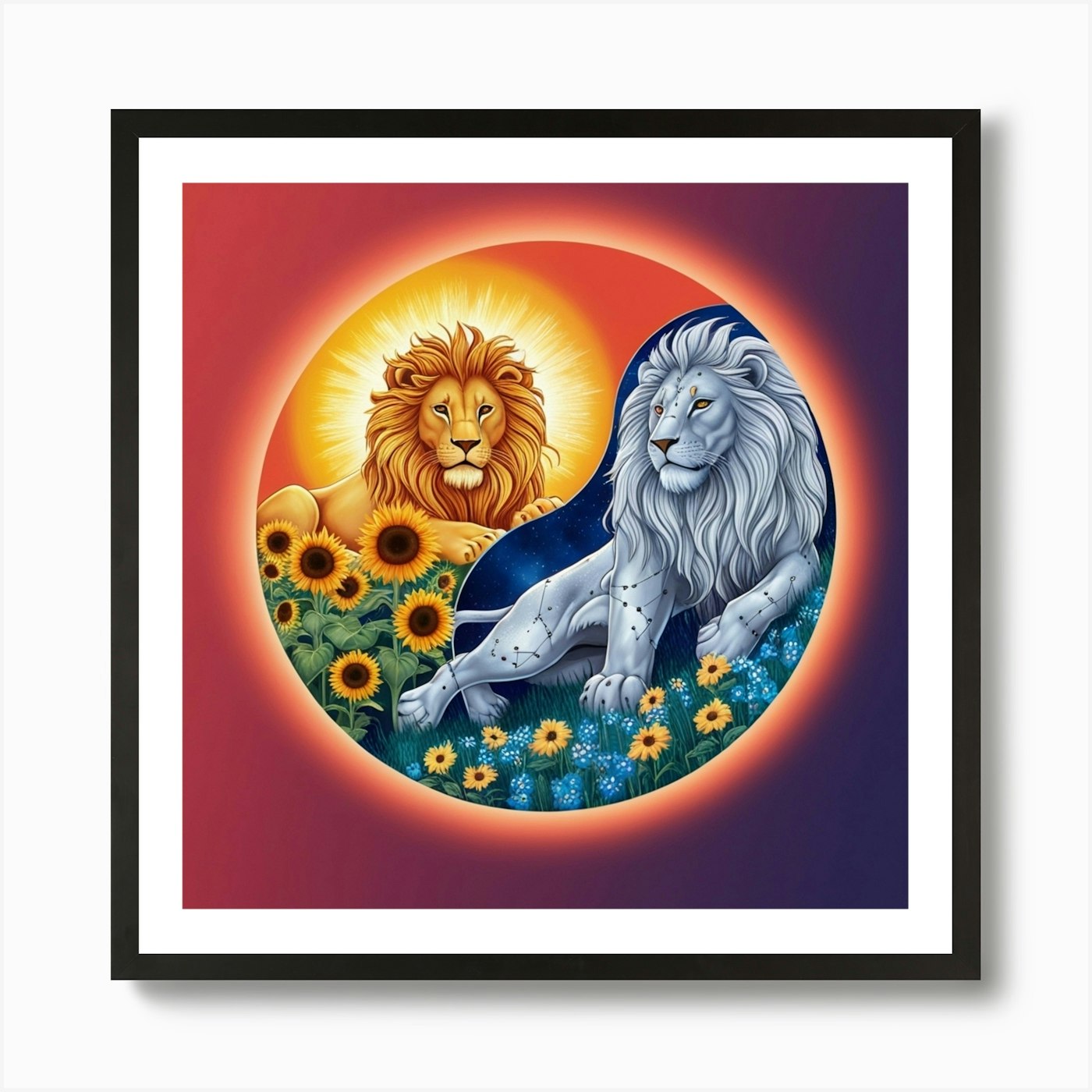 Lion And Sunflowers 2 Art Print Framed Wall Art Poster Canvas Print Picture