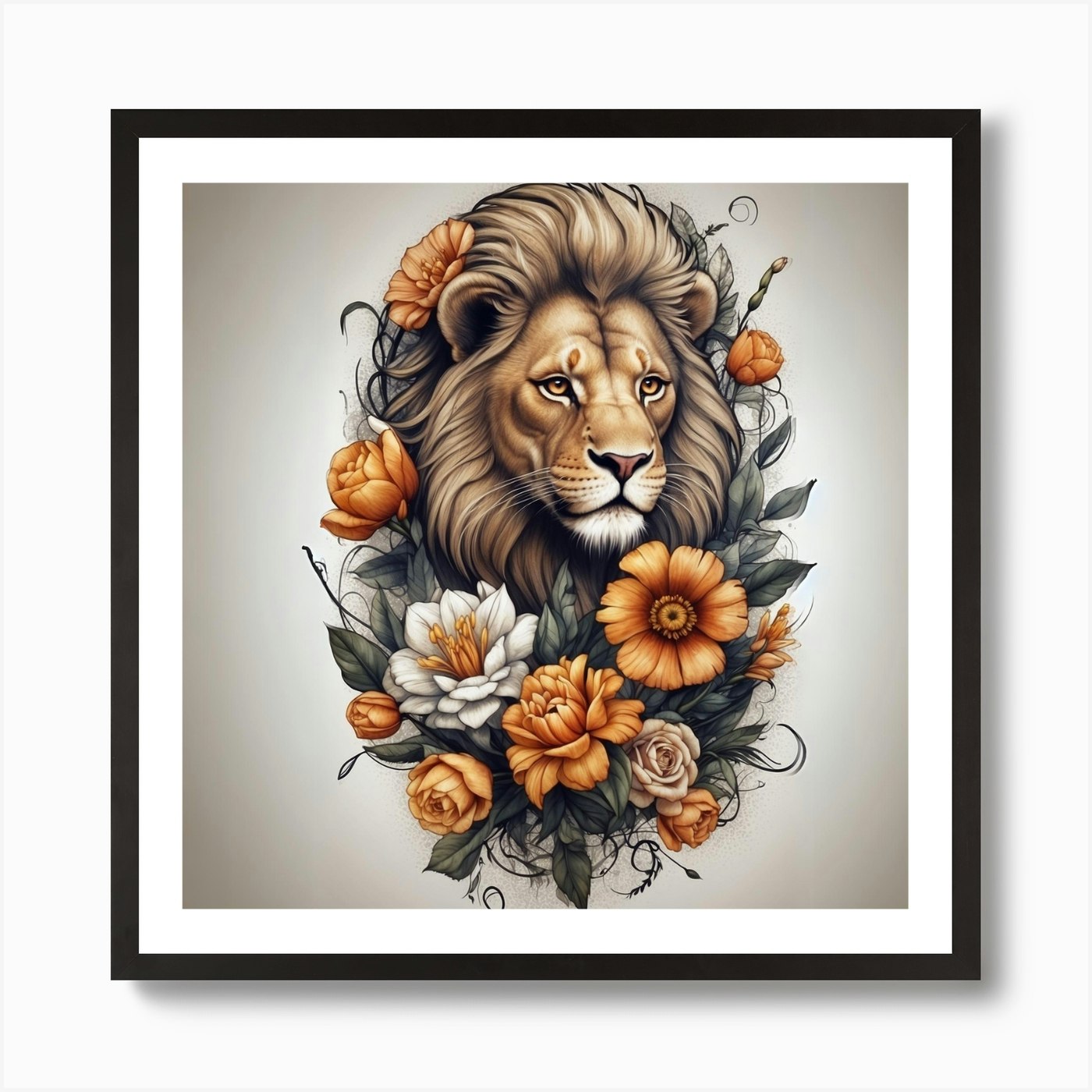 Lion With Flowers Art Print Framed Wall Art Poster Canvas Print Picture