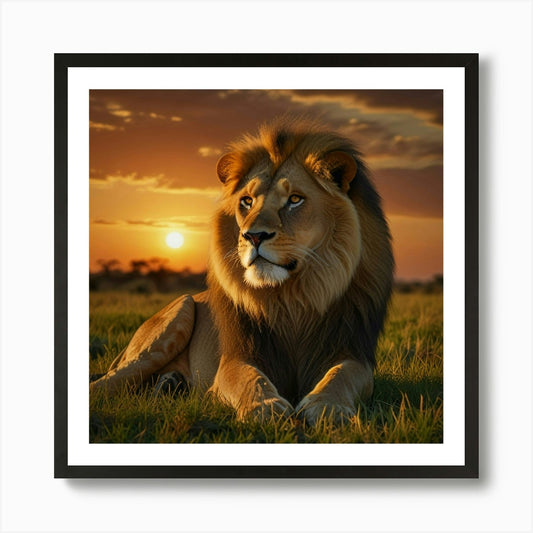 A Majestic Lion Lounging On A Grass Framed Wall Art Poster Canvas Print Picture