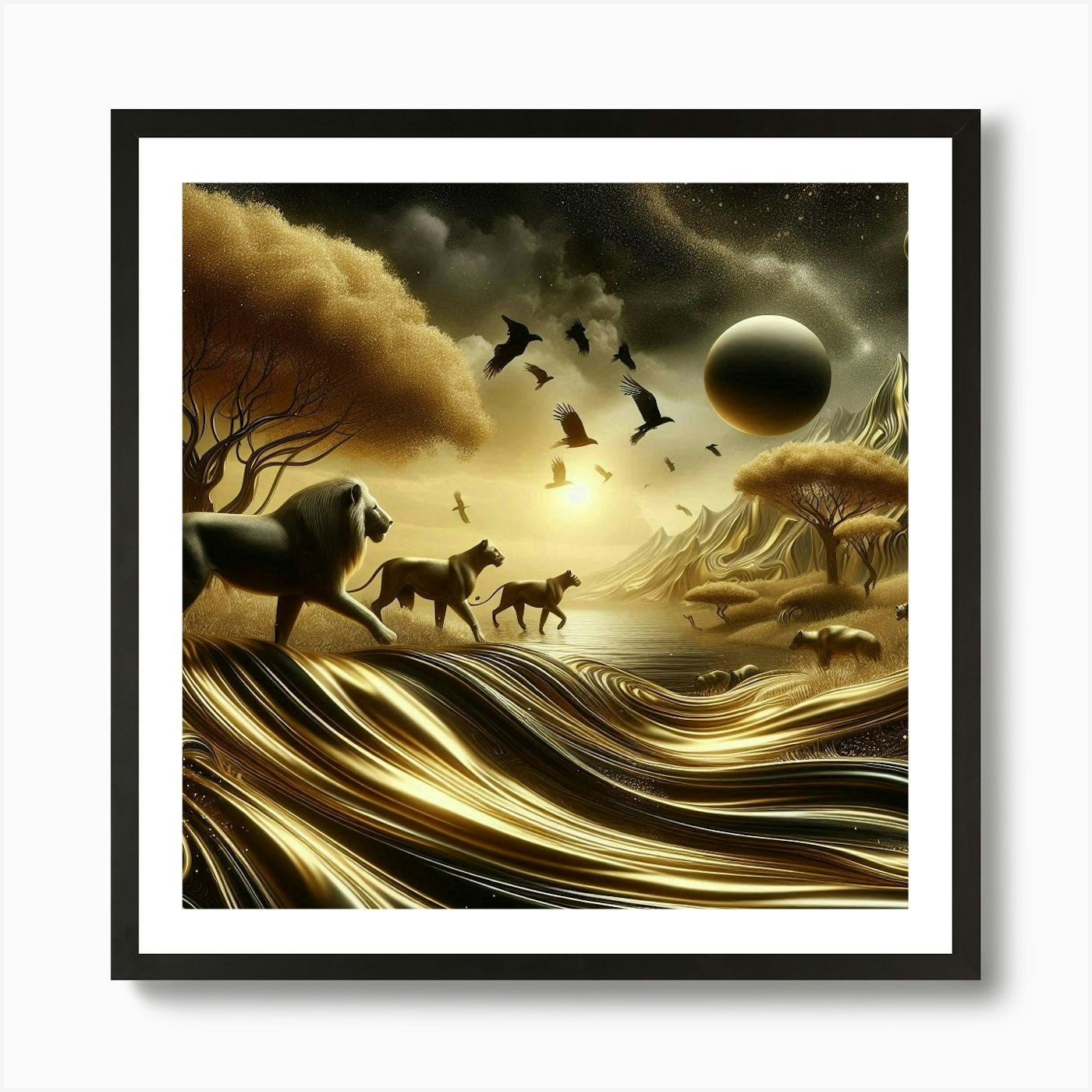Lions In The Desert Art Print Framed Wall Art Poster Canvas Print Picture