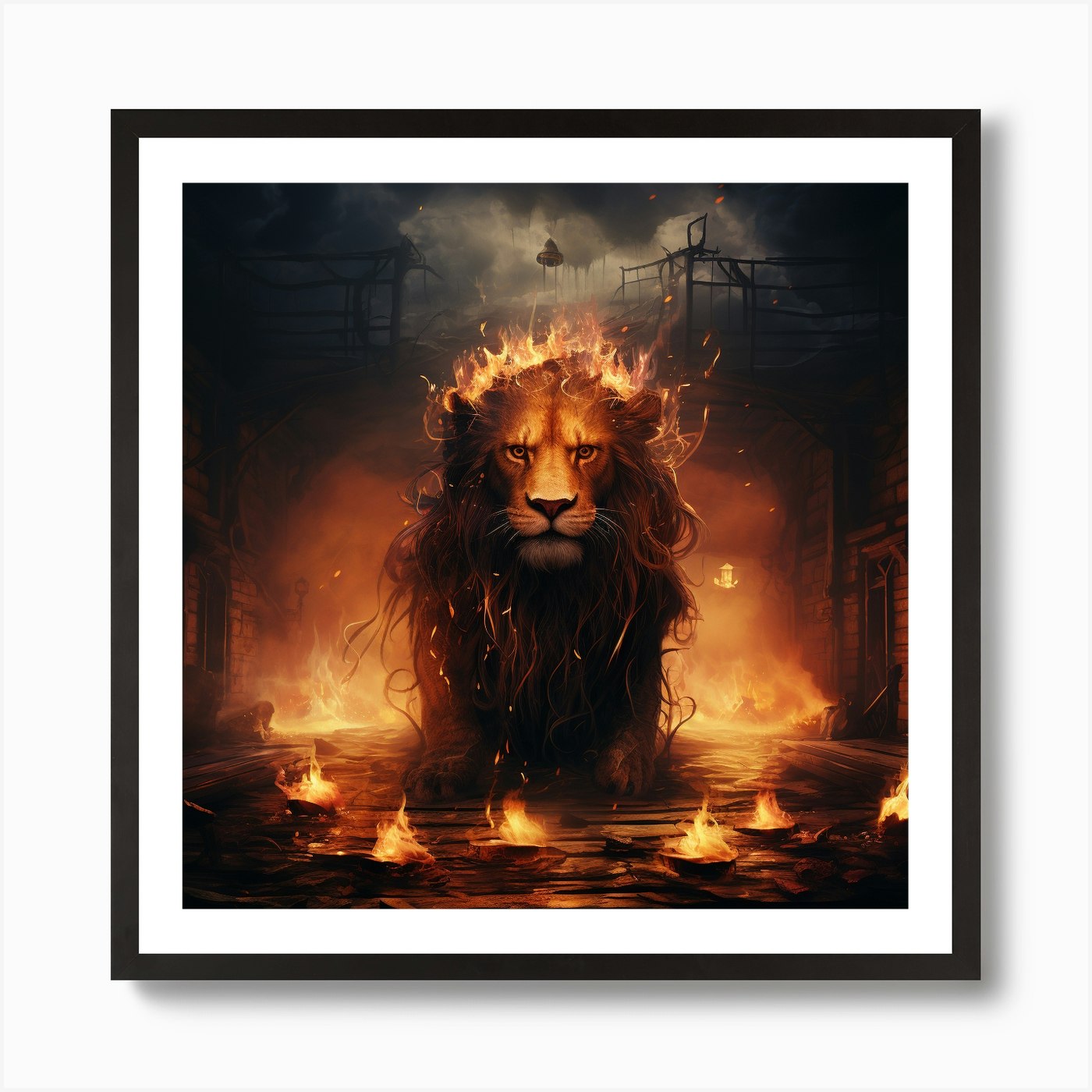 Fire Lion Art Print Framed Wall Art Poster Canvas Print Picture