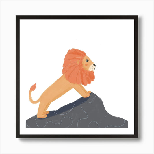 Orange Lion On A Rock Square Art Pr Framed Wall Art Poster Canvas Print Picture