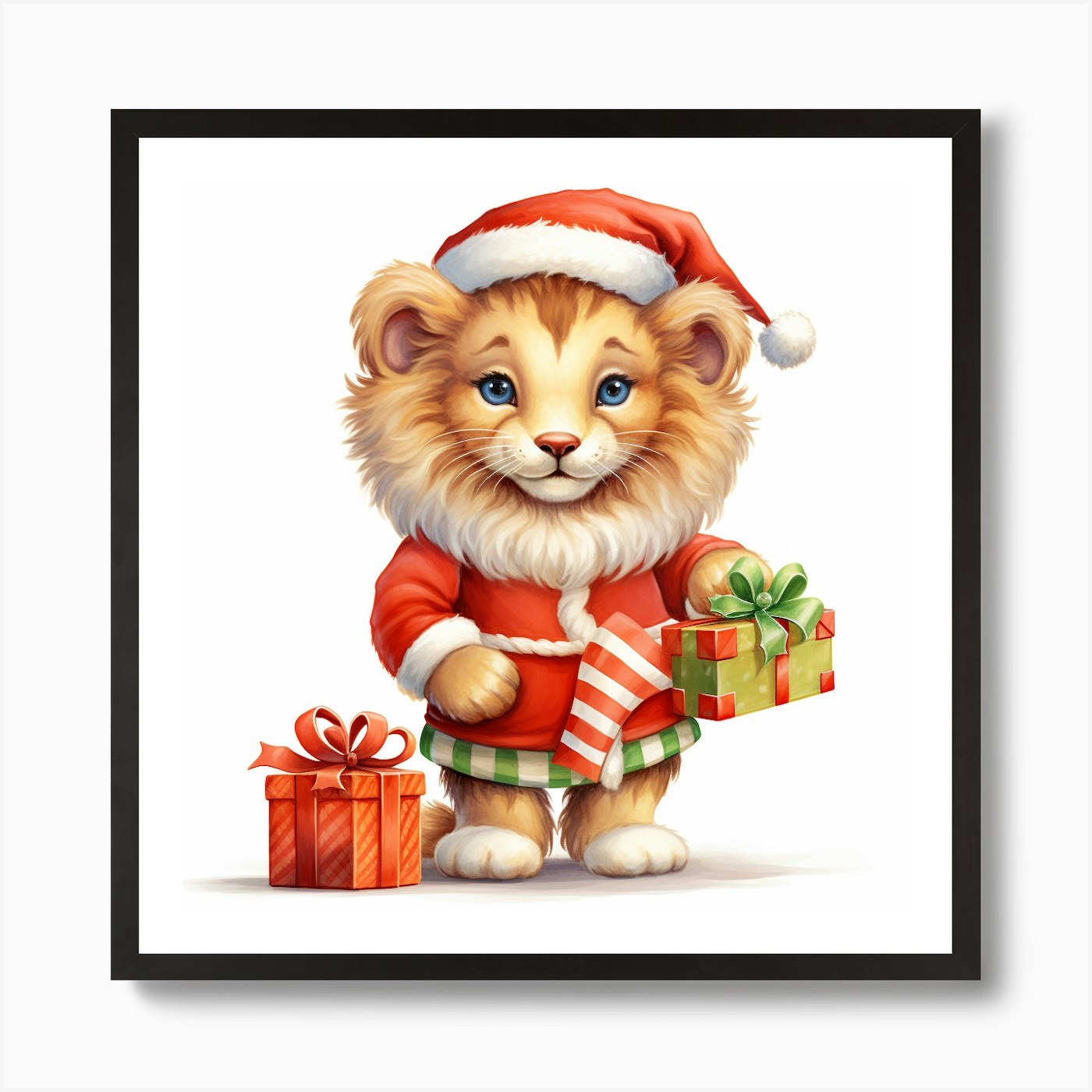 Christmas Lion Art Print Framed Wall Art Poster Canvas Print Picture