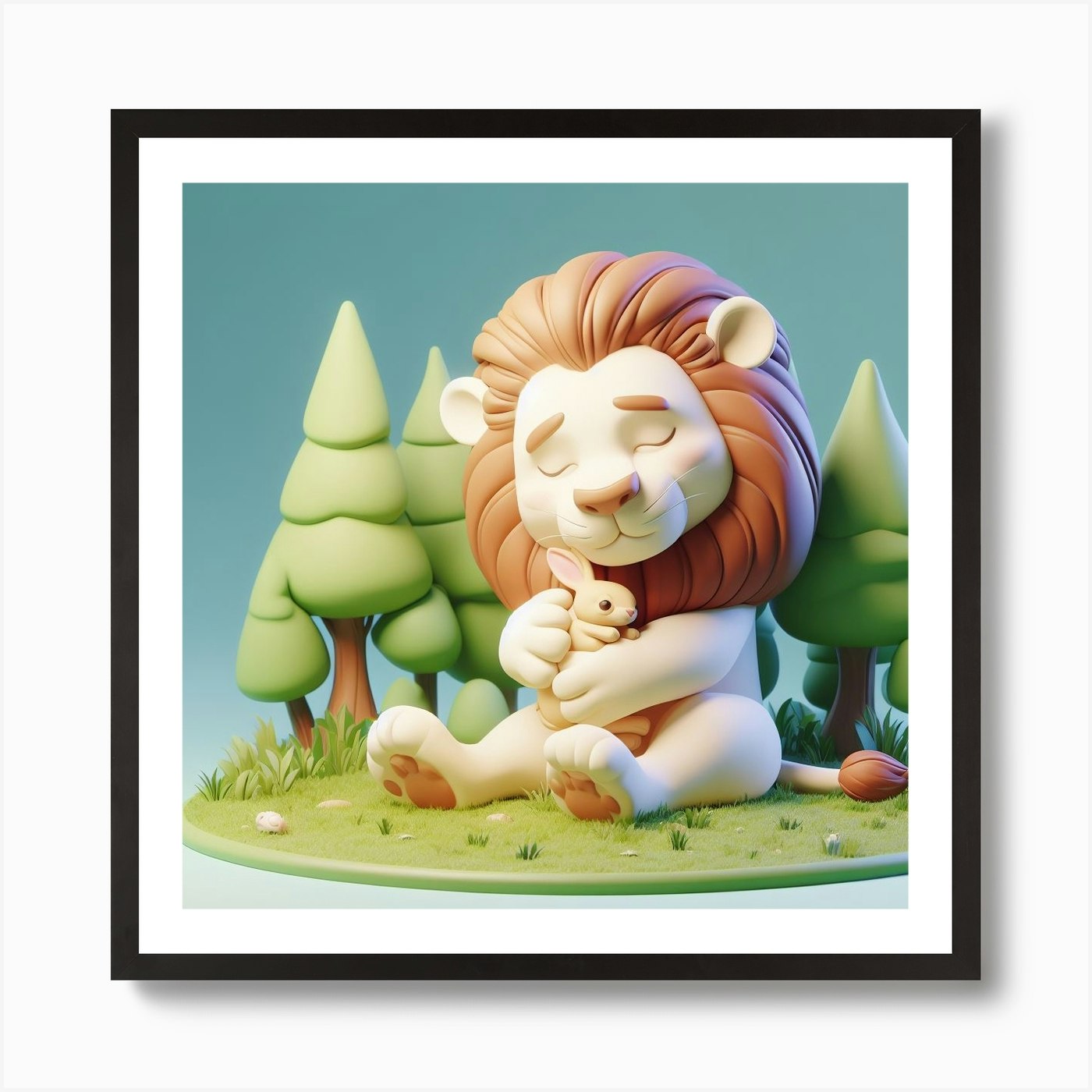 Lion And Bunny Art Print Framed Wall Art Poster Canvas Print Picture