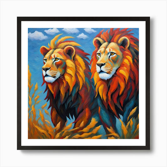 Two Lions Art Print Framed Wall Art Poster Canvas Print Picture