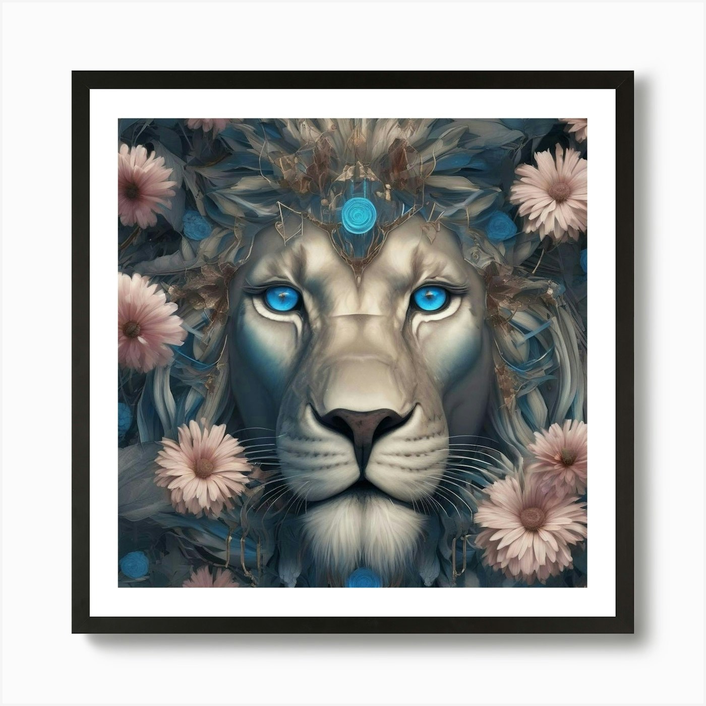 Lion in Flowers Art Print Framed Wall Art Poster Canvas Print Picture