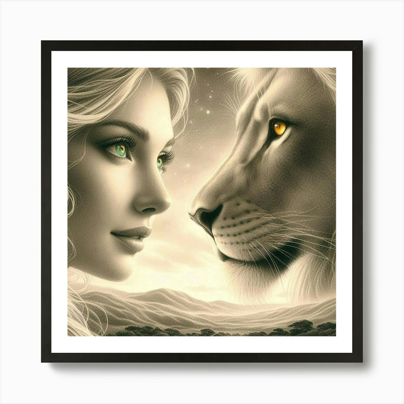 A beautiful woman and lion 1 Art Pr Framed Wall Art Poster Canvas Print Picture