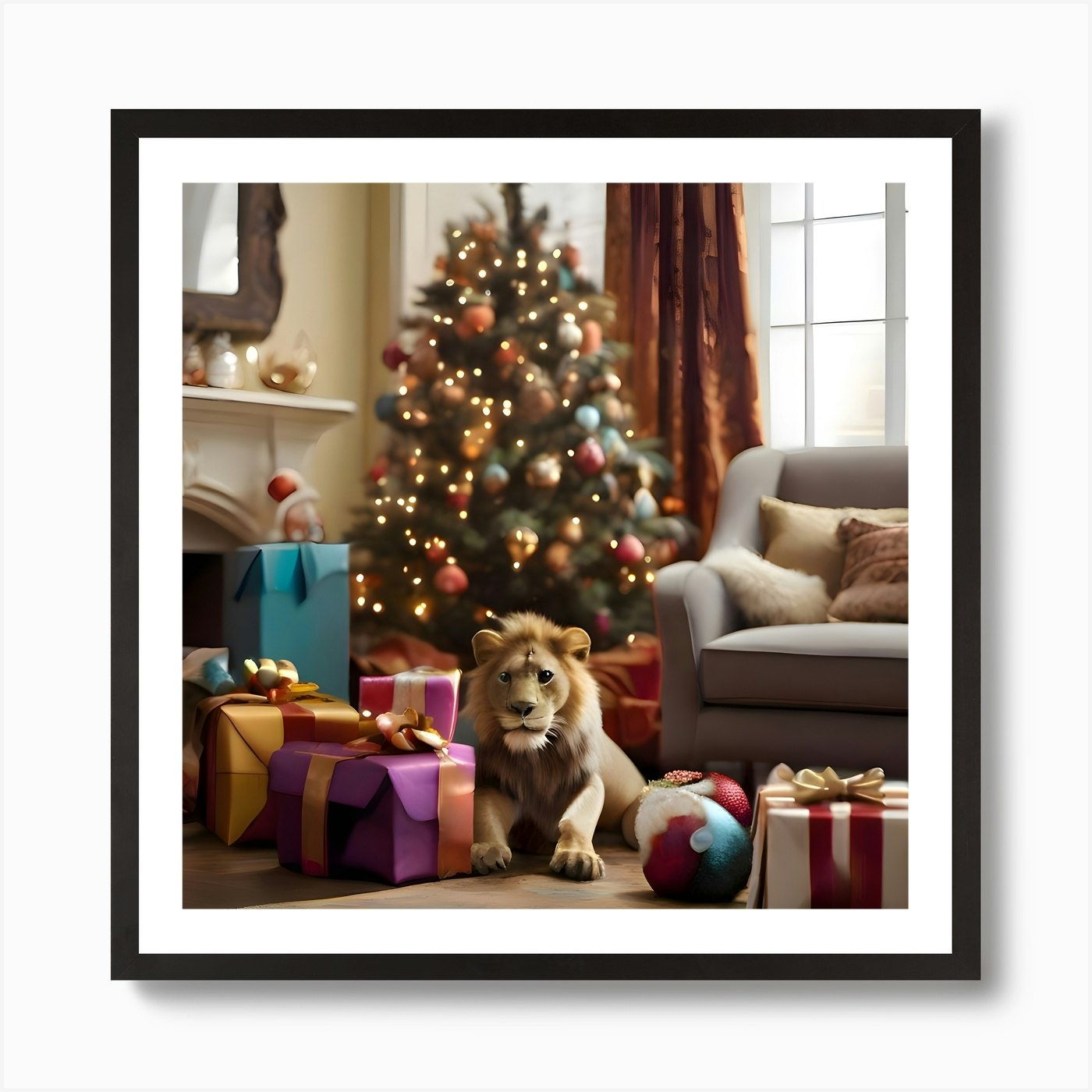 Christmas Lion Art Print Framed Wall Art Poster Canvas Print Picture