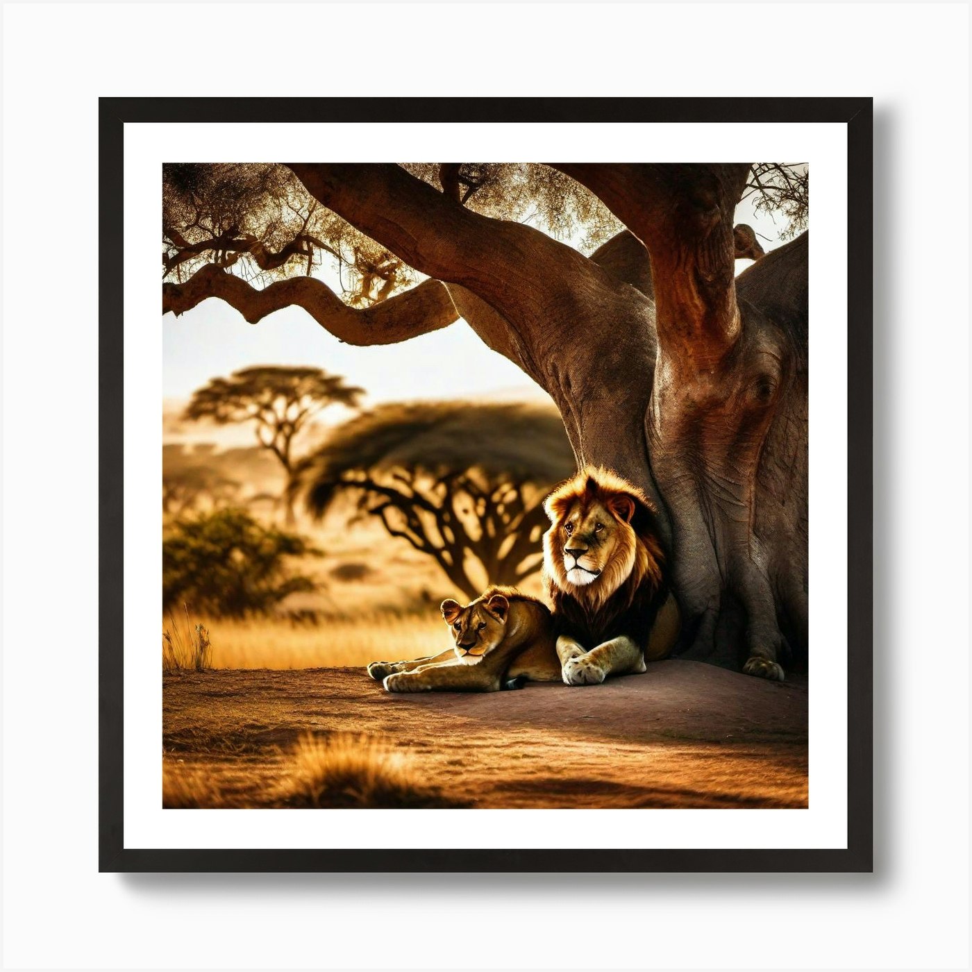 Lions Under A Tree 3 Art Print Framed Wall Art Poster Canvas Print Picture