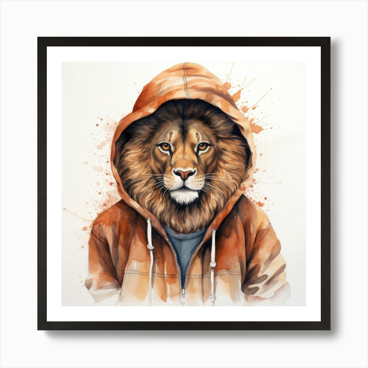 Watercolour Cartoon Lion In A Hoodi Framed Wall Art Poster Canvas Print Picture