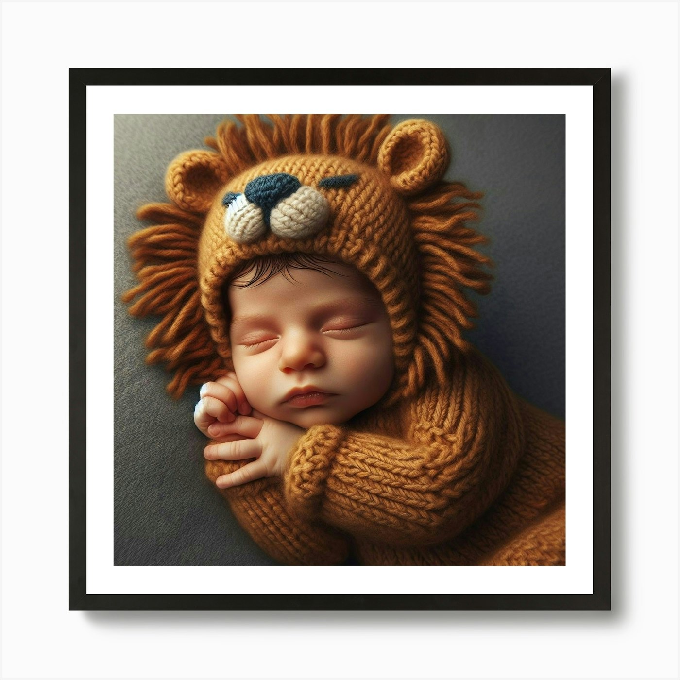 Newborn Baby Sleeping In Lion Costu Framed Wall Art Poster Canvas Print Picture