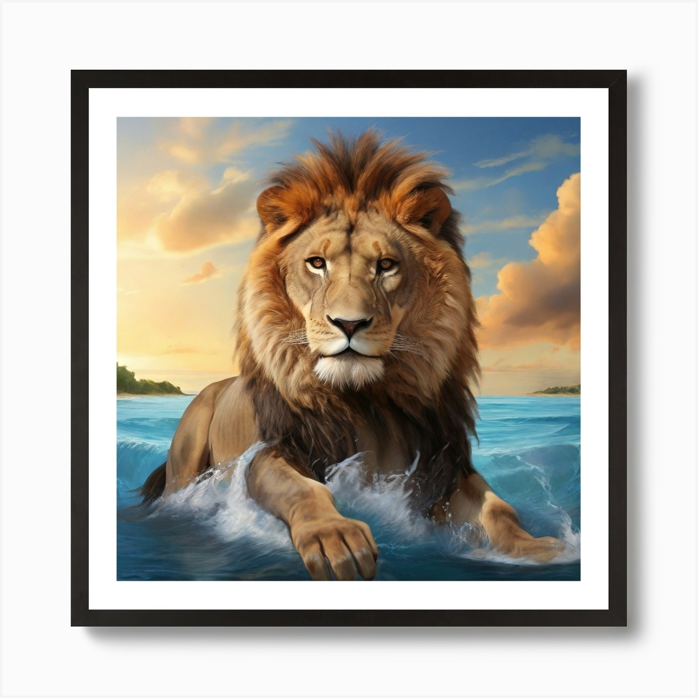 Lion In The Ocean Art Print Framed Wall Art Poster Canvas Print Picture