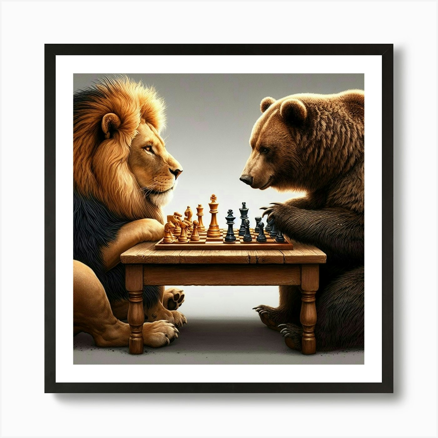 Lion And Bear Playing Chess Art Pri Framed Wall Art Poster Canvas Print Picture