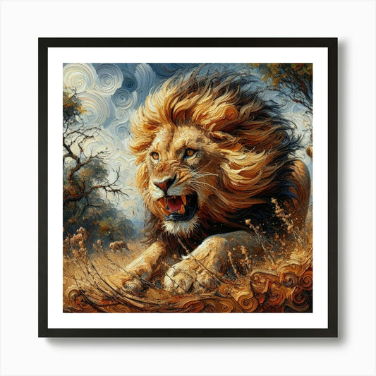 Lion pouncing Art Print Framed Wall Art Poster Canvas Print Picture