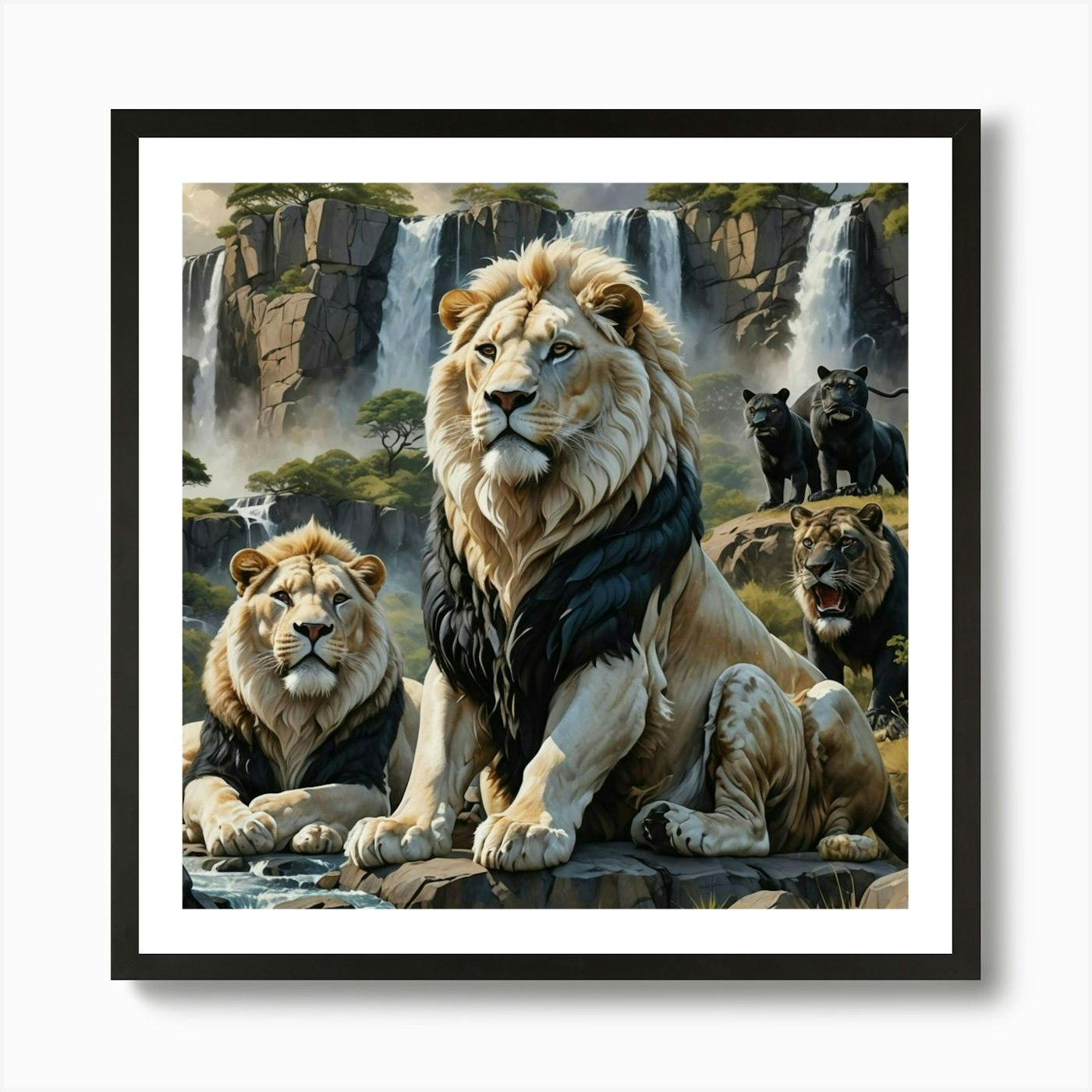 Lions At The Waterfall 1 Art Print Framed Wall Art Poster Canvas Print Picture